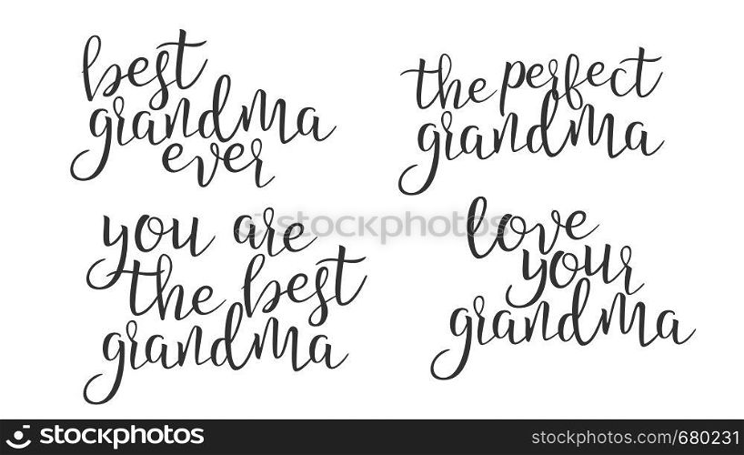 Modern Calligraphy Ink Of Word Grandma Vector. Stylish Creative Typography Black And White Inscription Handwritten Letters Best Perfect Grandma Ever Love Elegant Decoration. Text Flat Illustration. Modern Calligraphy Ink Of Word Grandma Vector