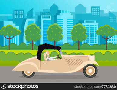 Modern car parking along town street in cartoon style. Vehicles car on city street. Auto on road with trees. Beautiful automobile in nature park. Travel by car. Drive transport. Automotive concept. Modern car parking along town street in cartoon style. Vehicles car on city street