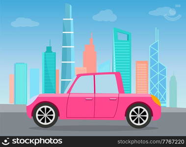 Modern car parking along town street in cartoon style. Vehicles car on city street. Auto on road with buildings. Beautiful automobile in big city. Travel by car. Drive transport. Automotive concept. Modern car parking along town street in cartoon style. Vehicles car on city street