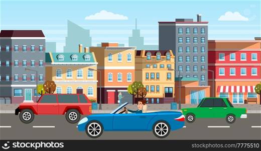 Modern car parking along town street in cartoon style. Vehicles car on city street. Auto on road with buildings. Beautiful automobile in big city. Travel by car. Drive transport. Automotive concept. Modern car parking along town street in cartoon style. Vehicles car on city street