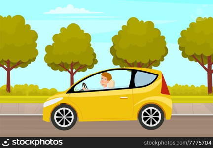 Modern car parking along town street in cartoon style. Vehicles car on city street. Auto on road with trees. Beautiful automobile in nature park. Travel by car. Drive transport. Automotive concept. Modern car parking along town street in cartoon style. Vehicles car on city street
