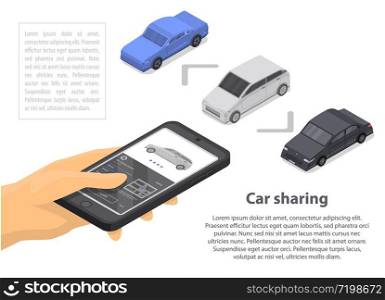 Modern car sharing concept banner. Isometric illustration of modern car sharing vector concept banner for web design. Modern car sharing concept banner, isometric style