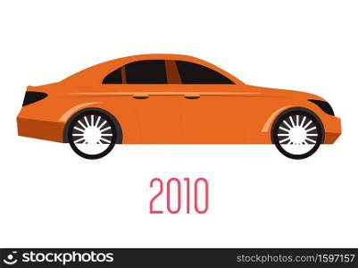 Modern car, vehicle of 2010, transport evolution isolated sedan model icon vector. Transportation and automobile industry, motorcar historical development. Comfortable auto, automatic transmission. 2010 car isolated sedan model icon, transport evolution
