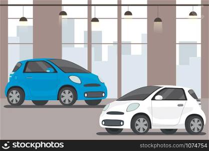 Modern cars in showroom,flat interior,cartoon vector illustration. Modern cars in showroom,flat interior,