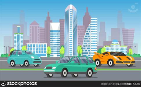 Modern cars sedan and minivan drive on road in city against tall buildings on carriageway. Urban landscape auto road vehicle, transportation. Car tourism, auto trip, journey, automobile transport. Modern cars sedan and minivan drive on road in city against tall buildings on carriageway