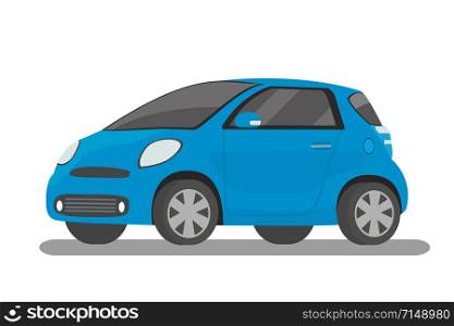 Modern cartoon blue compact car,isolated on white background,flat vector illustration. Modern cartoon blue compact car