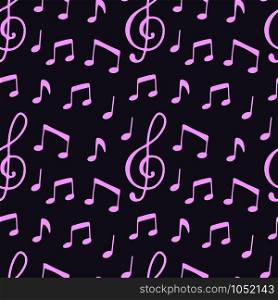 Modern cartoon illustration with music note on dark violet background. Seamless pattern for decoration design, fabric, packaging. Hand drawn doodle vector image.. Seamless pattern with music note