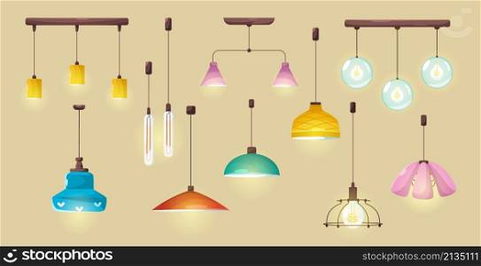 Modern ceiling lamps, stylish pendant electric lights for home or office interior. Vector cartoon set of hanging illumination accessory, chandeliers with lampshades isolated on background. Modern ceiling lamps, pendant electric lights