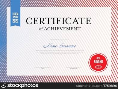 Modern certificate of achievement template with place for your content - blue red design. Light layout template for any premium certificate, diploma, graduation or achievement document for print. Modern blue red certificate template