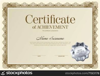 Modern certificate of achievement template with place for your content - golden design version with silver seal