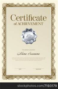 Modern certificate of achievement template with place for your content - golden design vertical version with silver seal