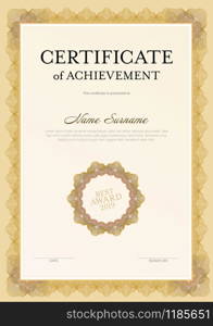 Modern certificate of achievement template with place for your content - golden vertical design. Modern certificate template