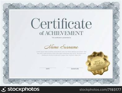 Modern certificate of achievement template with place for your content - gray design version with golden seal