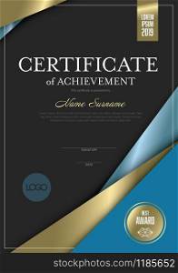 Modern certificate of achievement template with place for your content - material dark blue and golden design version