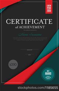 Modern certificate of achievement template with place for your content - material dark red and teal design version. Modern certificate template