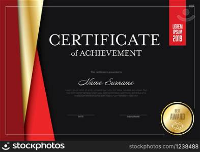 Modern certificate of achievement template with place for your content - material dark red and golden design