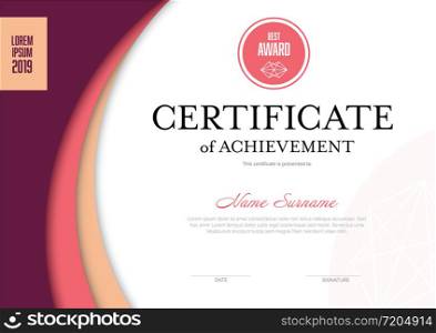 Modern certificate of achievement template with place for your content - pink girlish design. Solid pink certificate template