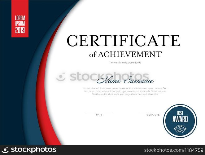 Modern certificate of achievement template with place for your content - solid red and blue design. Solid certificate template