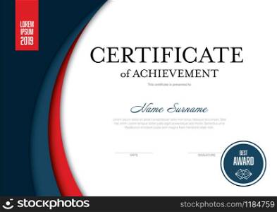 Modern certificate of achievement template with place for your content - solid red and blue design. Solid certificate template
