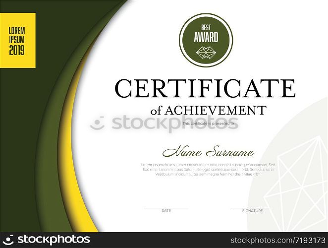 Modern certificate of achievement template with place for your content - solid yellow and green design. Vector Infographic typography timeline report template