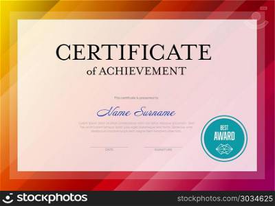 Modern certificate template. Modern certificate of achievement template with place for your content - yellow red version