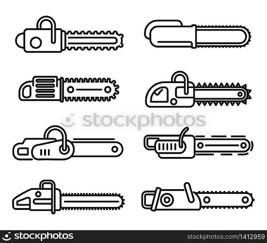 Modern chainsaw icons set. Outline set of modern chainsaw vector icons for web design isolated on white background. Modern chainsaw icons set, outline style