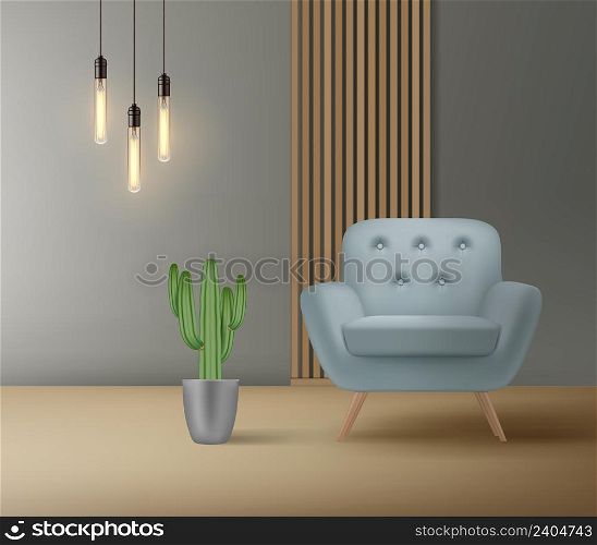 Modern chair in room. Luxury minimalist interior decoration cozy armchair empty seating place for living room decent vector realistic background. Illustration interior furniture room, design home. Modern chair in room. Luxury minimalist interior decoration cozy armchair empty seating place object for living room decent vector realistic background