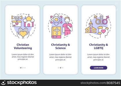 Modern Christianity onboarding mobile app screen. Religion walkthrough 3 steps editable graphic instructions with linear concepts. UI, UX, GUI template. Myriad Pro-Bold, Regular fonts used. Modern Christianity onboarding mobile app screen