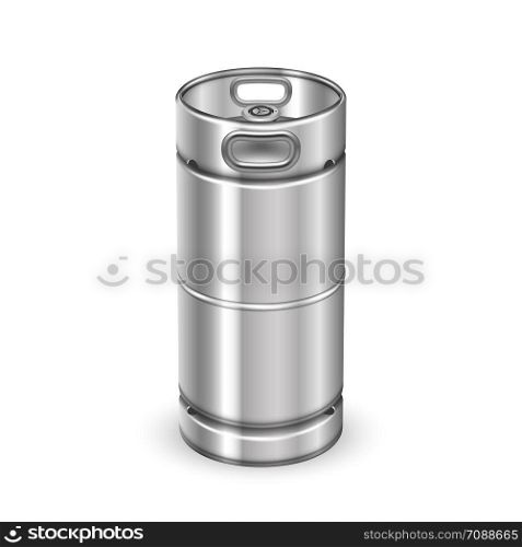 Modern Chrome Metal Beverage Keg Barrel Vector. Blank Tall Steel Keg For Transportation Delivery To Bar And Alcohol Drink Buffer Storage On Warehouse. Container Realistic 3d Illustration. Modern Chrome Metal Beverage Keg Barrel Vector