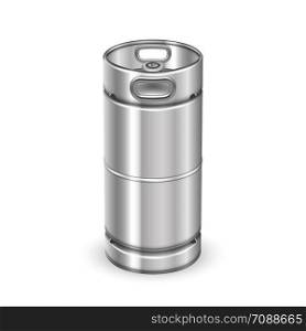 Modern Chrome Metal Beverage Keg Barrel Vector. Blank Tall Steel Keg For Transportation Delivery To Bar And Alcohol Drink Buffer Storage On Warehouse. Container Realistic 3d Illustration. Modern Chrome Metal Beverage Keg Barrel Vector