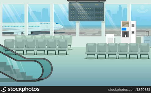 Modern City Airport Empty Hall or Waiting Room Cartoon Vector with Chairs, Escalator, Coffee Machine, Flights Timetable Board and Airliner Standing on Aerodrome Runaway Outside the Window Illustration