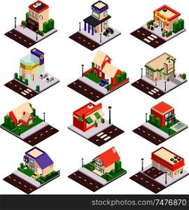 Modern city architecture isometric buildings collection with residential houses cafe police station bank hospital isolated vector illustration