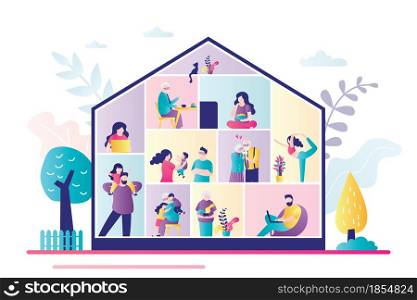 Modern city building. Various people in rooms. People stay at home. Urban view, weekend day concept banner. Different people characters in trendy style. Flat Vector illustration. Modern city building. Various people in rooms. People stay at home. Urban view, weekend day concept banner.