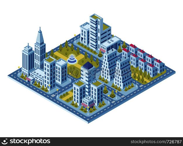 Modern city buildings, police station, road with cars and supermarket, museum building. Town lofts gray home apartments vector 3d isometric flat exterior street set. Modern city buildings, police station, road with cars and supermarket building. Town lofts apartments vector 3d isometric set