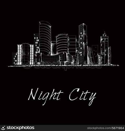 Modern city downtown business center edifice building night silhouette contrast contour skyline sketch abstract black vector illustration