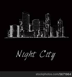 Modern city downtown business center edifice building night silhouette contrast contour skyline sketch abstract black vector illustration
