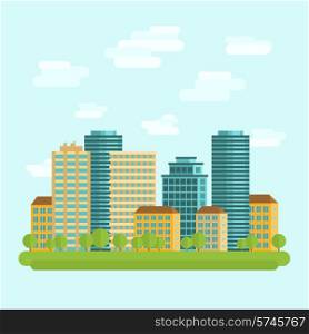 Modern city downtown green centre with tall buildings day skyline and clouds sketch abstract flat vector illustration
