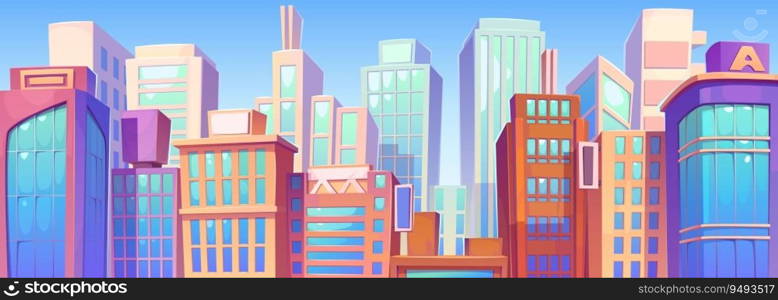 Modern city downtown with skyscrapers against blue sky background. Vector cartoon illustration of urban landscape, futuristic high-rise apartment houses and office buildings, residential neighborhood. Modern city downtown with skyscrapers