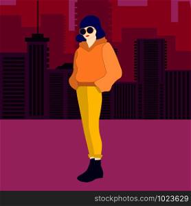 Modern city, great design for any purposes. Futuristic night city. Vector town city street outline. Outline building vector illustration. Perspective building. Outline cityscape. Fashion woman.