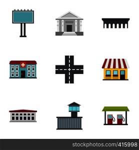 Modern city icons set. Flat illustration of 9 modern city vector icons for web. Modern city icons set, flat style