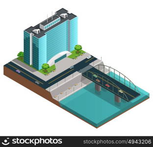 Modern City Isometric Composition. Isometric city composition with many-storeyed modern building on bank of canal on white background vector illustration