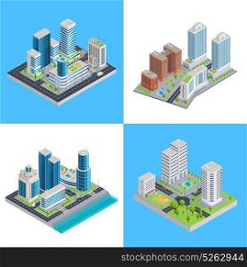 Modern City Isometric Compositions. Modern city isometric compositions with commercial buildings and residential houses road infrastructure and transportation isolated vector illustration