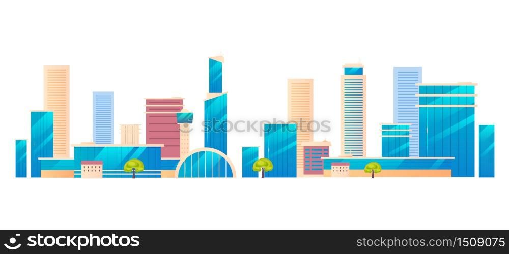 Modern city, metropolis cartoon vector illustration. Urban skyline flat color object. Residential district buildings, skyscrapers isolated on white background. Business center, downtown architecture