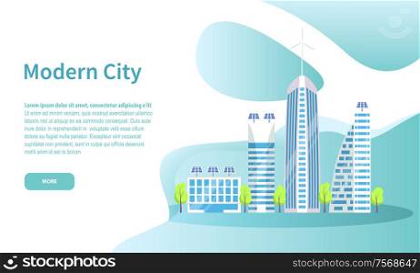 Modern city online web page with tall skyscrapers vector. Downtown with buildings of contemporary design, futuristic architecture of megapolis website. Tall Skyscrapers, Modern City Online Web Page