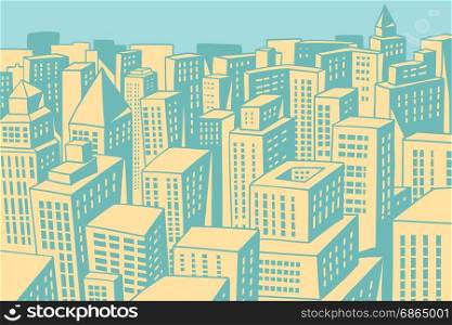 Modern city panorama. Comic book cartoon pop art retro colored drawing vintage illustration. Modern city panorama