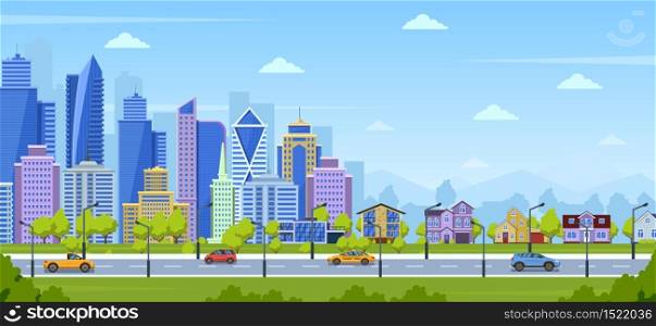 Modern city panorama. Urban town cityscape and nature landscape with suburban houses. Big city panoramic view vector illustration. Panoramic view urban city, cityscape skyscraper house. Modern city panorama. Urban town cityscape and nature landscape with suburban houses. Big city panoramic view vector illustration
