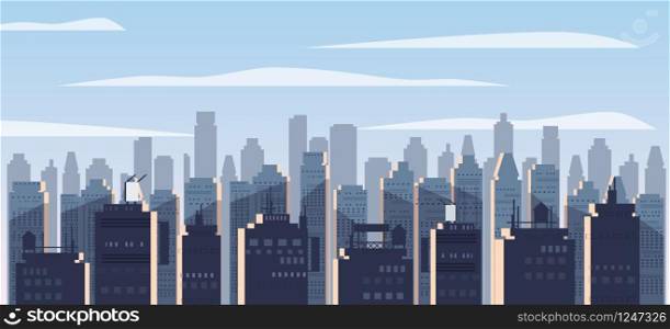 Modern City Panorama With High Skyscrapers And Subway Cityscape Background Flat Vector Illustration. Modern City Panorama With High Skyscrapers Cityscape silhouettes of houses, panorama, horizon. Background Flat Vector Illustration Isolated