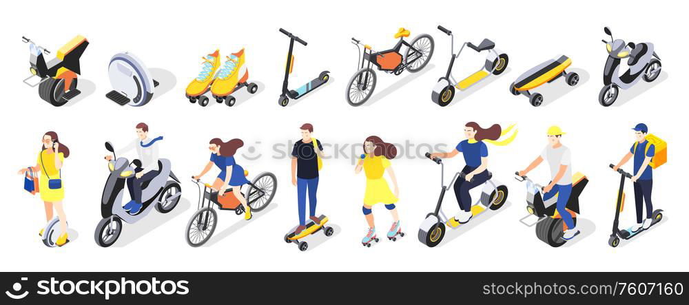 Modern city personal eco transport isometric icons set of skateboards bicycles gyro scooters electric vehicles vector illustration. City Personal Transport Set