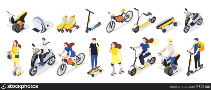 Modern city personal eco transport isometric icons set of skateboards bicycles gyro scooters electric vehicles vector illustration. City Personal Transport Set