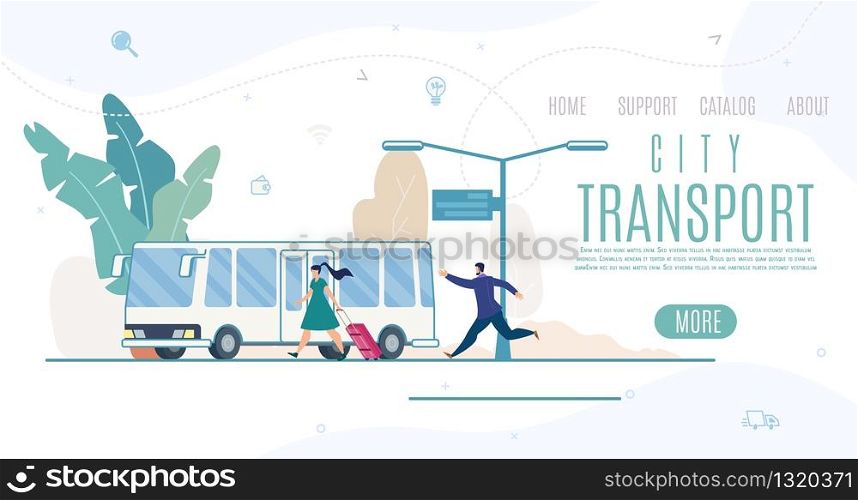 Modern City Public Transport Company or Service Flat Vector Web Banner, Landing Page Template with Woman Going on Sidewalk, Pulling Baggage Bag in Wheels, Man Hurrying and Running for Bus Illustration